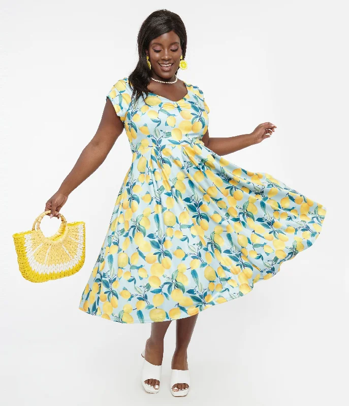 festive prom dress-Dolly & Dotty 1950s Blue & Yellow Lemon Off The Shoulder Lily Swing Dress