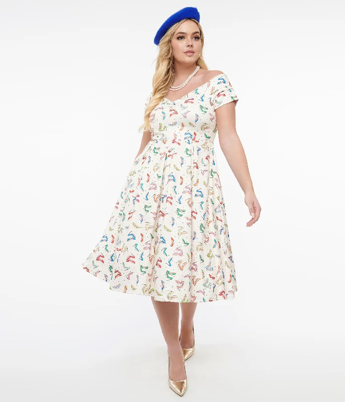 charcoal grey dress-Dolly & Dotty 1950s Cream & Multicolor Heels Swing Dress