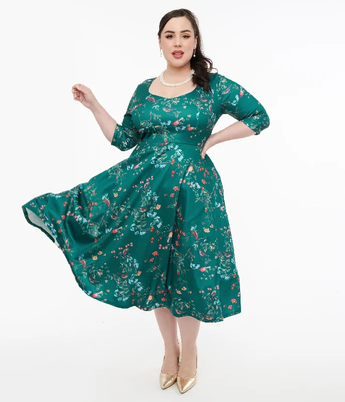 sparkling glitter dress-Dolly & Dotty 1950s Green Bird Print Swing Dress