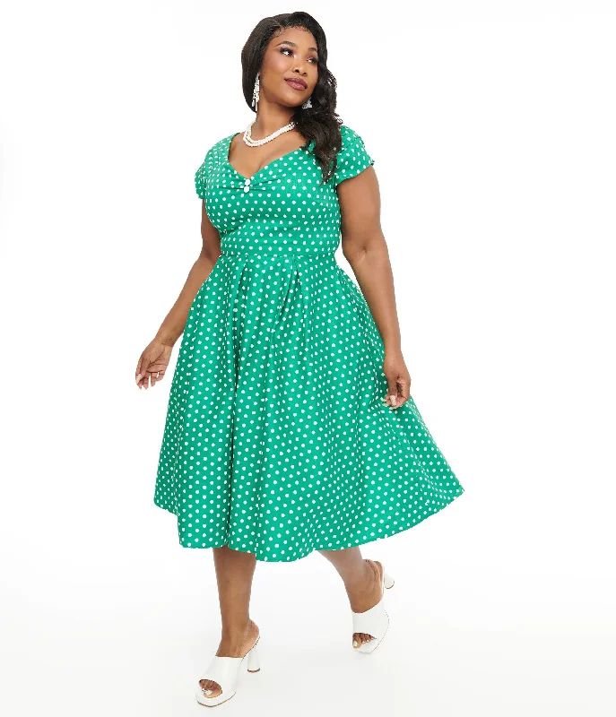 long tiered dress-Dolly & Dotty 1950s Green & White Polka Dot Off The Shoulder Lily Swing Dress