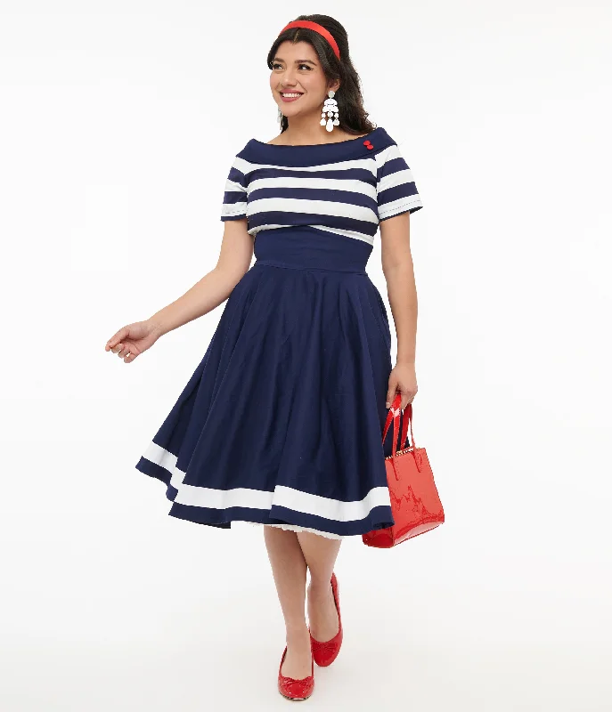 voluminous tulle dress-Dolly & Dotty 1950s Navy & White Striped Sailor Swing Dress