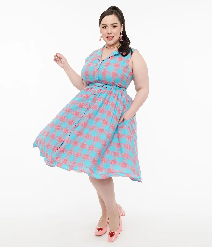 cinched ruched dress-Dolly & Dotty 1950s Pink & Blue Gingham Cotton Swing Dress