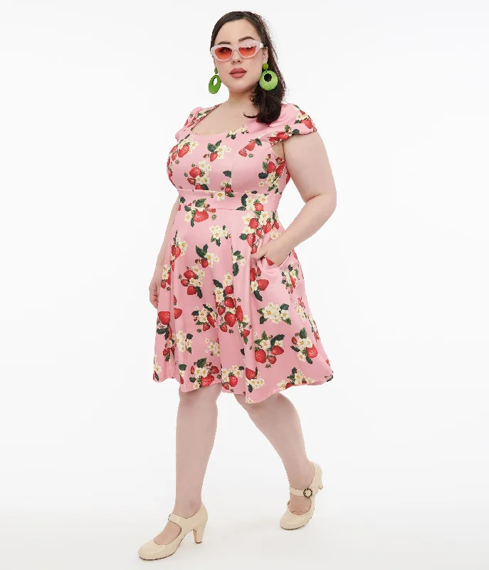 dramatic high low dress-Dolly & Dotty 1950s Pink Strawberry Print Claudia Swing Dress