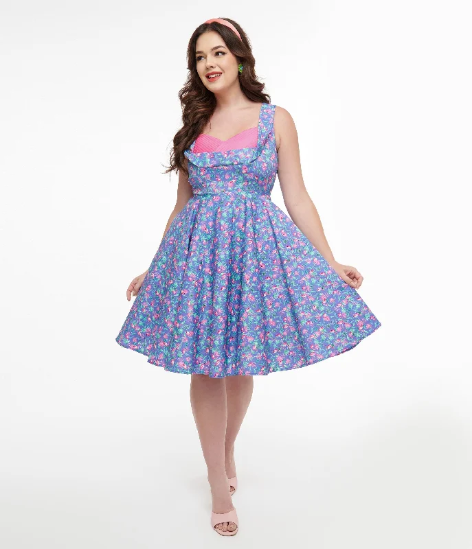 lilac prom dress-Dolly & Dotty 1950s Purple & Pink Flamingo Leaf Print Grace Swing Dress