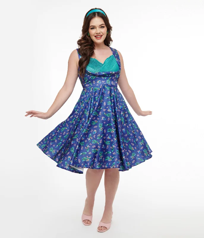 cobalt blue prom dress-Dolly & Dotty 1950s Purple & Teal Peacock Print Grace Swing Dress