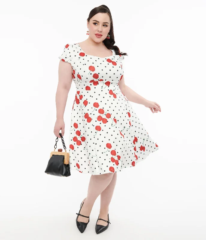 bell sleeve dress-Dolly & Dotty 1950s White Polka Dot Cherry Swing Dress