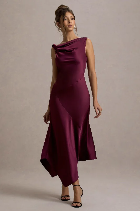 retro striped dress-Donelli | Plum Satin Asymmetric Midi Dress