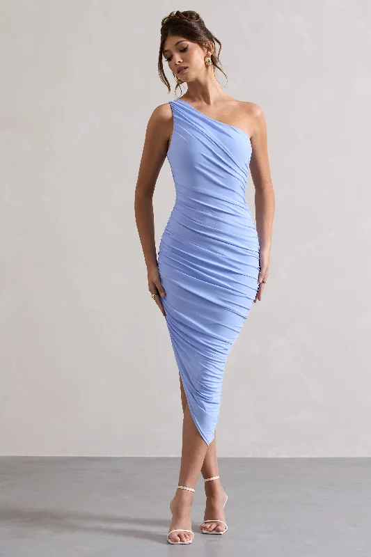 ivory satin dress-Dorit | Sky Blue One Shoulder Asymmetric Ruched Midi Dress