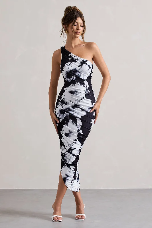 chevron striped dress-Dorit | Monochrome Floral Print One Shoulder Asymmetric Ruched Midi Dress