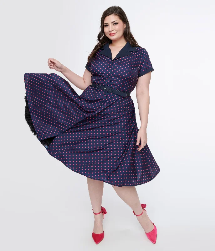 botanical sundress-Unique Vintage Plus Size Navy & Hot Pink Dot Alexis Swing Dress