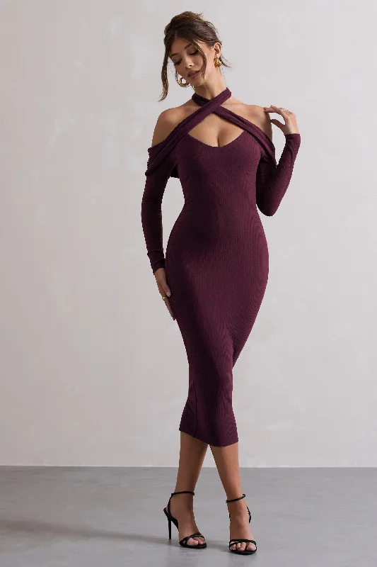 faux leather dress-Duet | Plum Rib Knit Halter-Neck Midi Dress With Cut-Out