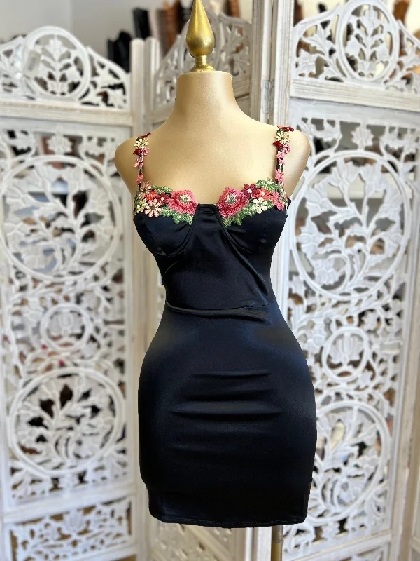 retro sundress-Embroidered Lace Black Satin Mini Dress- Stretchy