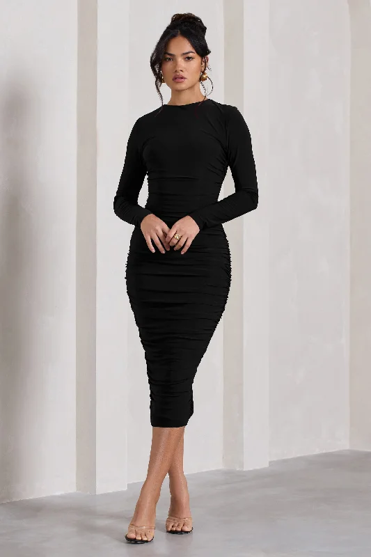 cozy evening dress-Emilie | Black Ruched Long-Sleeve Midi Dress