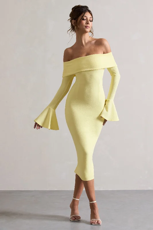 flared evening dress-Emma | Lemon Bardot Flared-Sleeve Midi Dress