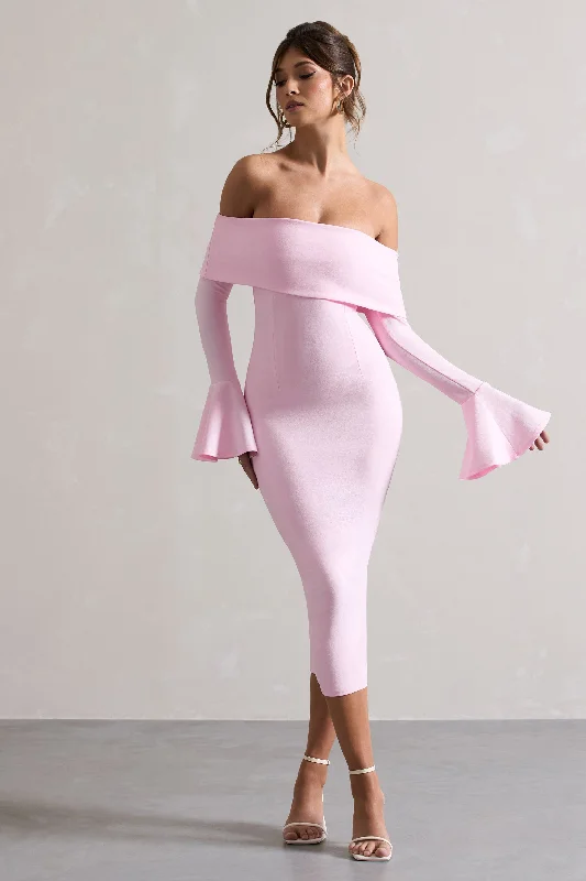 structured sundress-Emma | Pink Bardot Flared-Sleeve Midi Dress