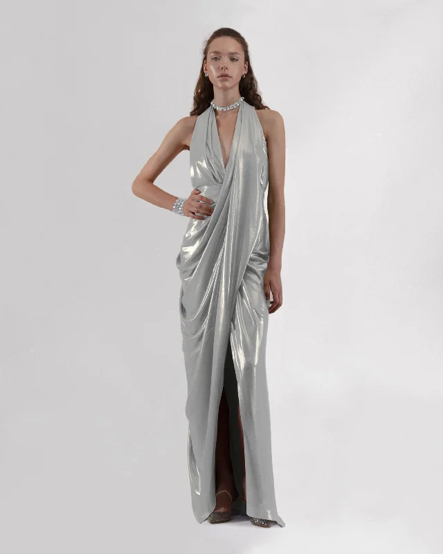 tartan evening dress-Long Silver Dress With Draped Details