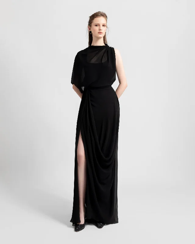 relaxed prom dress-Asymmetrical Draped Black Dress