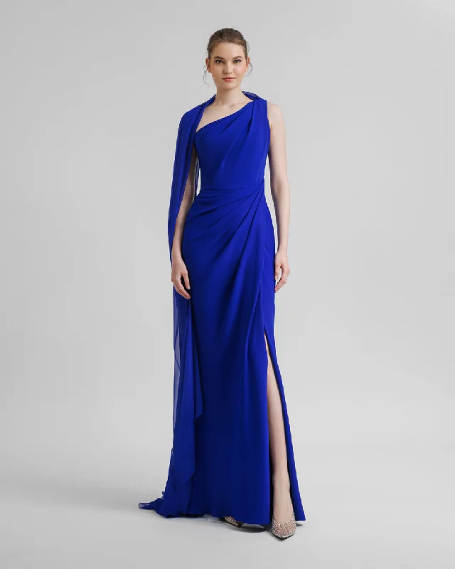 cranberry red prom dress-Asymmetrical Draping Blue Crepe Dress