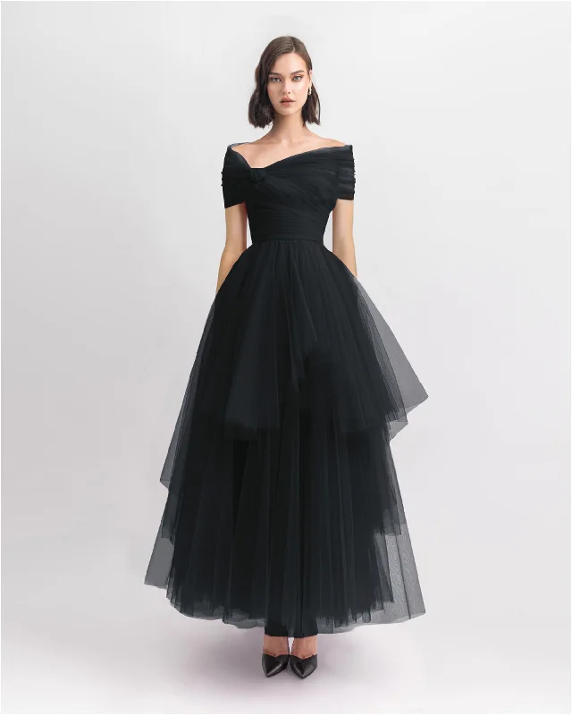 indigo prom dress-Asymmetrical Tulle Black Dress