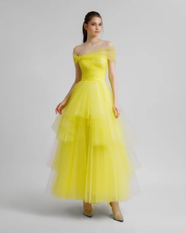 jet black cocktail dress-Asymmetrical Tulle Yellow Dress