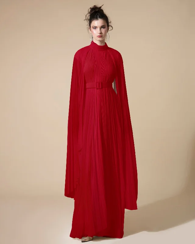 gathered wrap dress-Cape-Like Asymmetrical Chiffon Red Kaftan + Belt