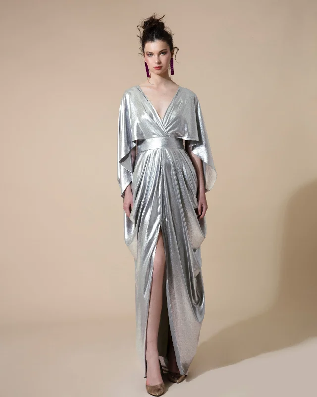 delicate evening dress-Cape-Like Long Draped Silver Dress