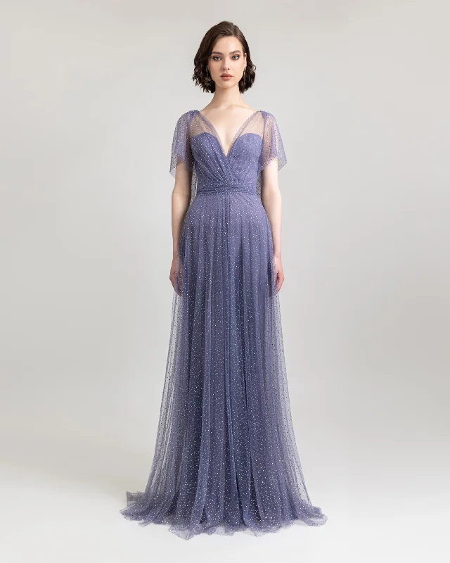 deep plunge evening dress-Draping Beaded Tulle Dress