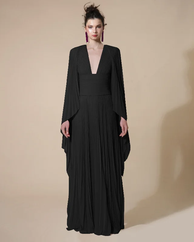 fringed evening dress-Fully Pleated Black Kaftan With Deep V-Neck