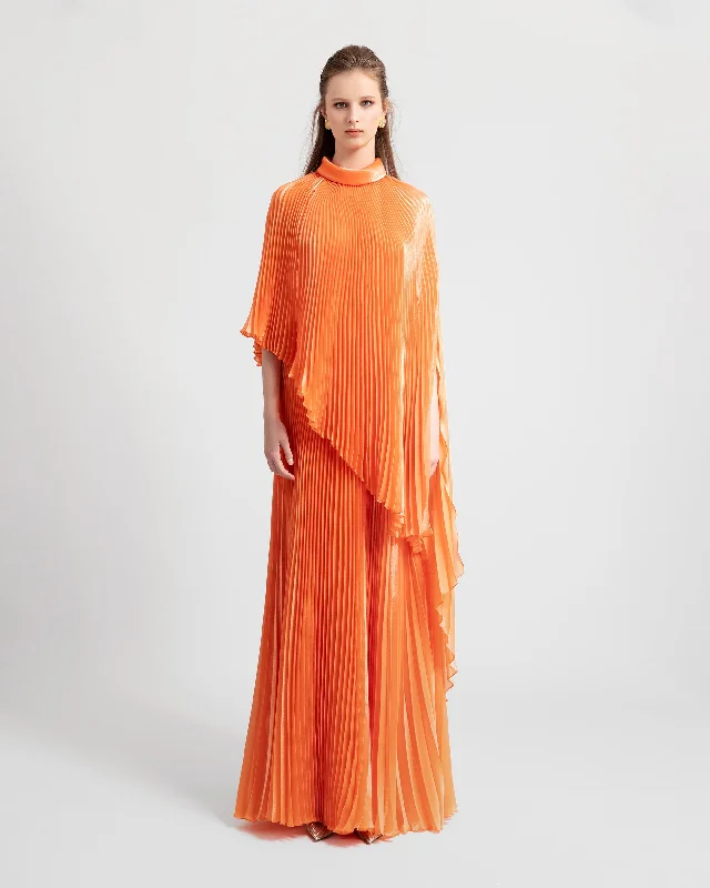 hand-stitched prom dress-Fully Pleated Flared Orange Kaftan