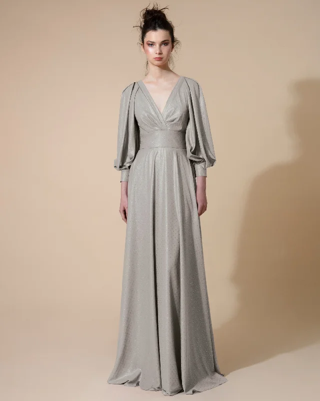 relaxed evening dress-Bishop Fitted Long Grey Dress