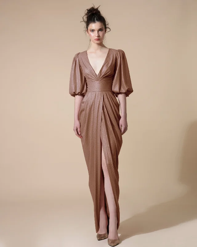 hand-stitched evening dress-Long Brown Dress With Deep V-Neck