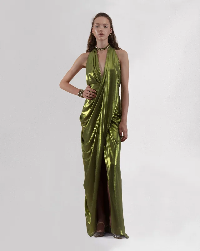 sage green sundress-Long Dress With Draped Details