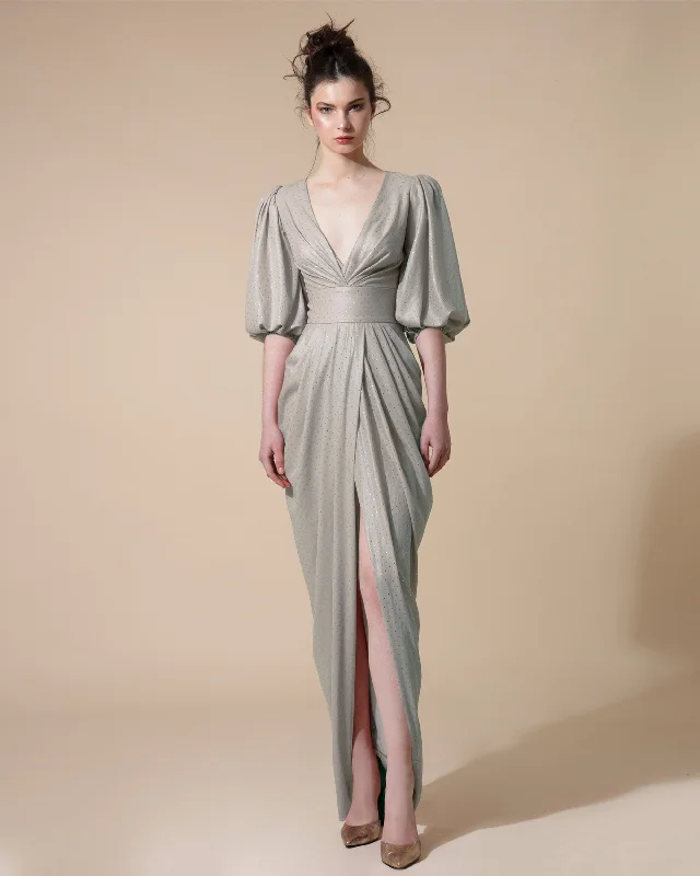 chiffon sundress-Long Grey Dress With Deep V-Neck