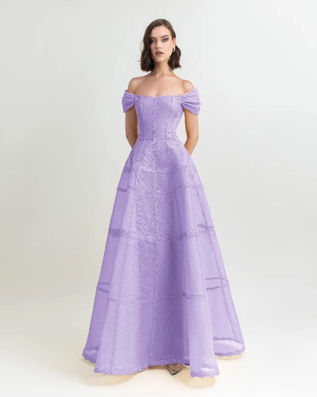 retro evening dress-Lilac Mesh Long Dress