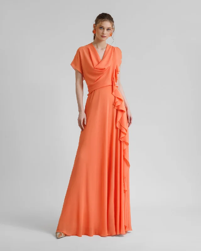 golden champagne prom dress-Draped Orange Chiffon Dress