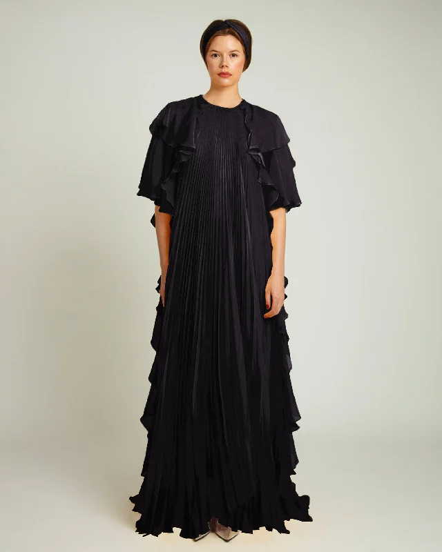 oatmeal linen dress-Pleated Ruffled Black Kaftan