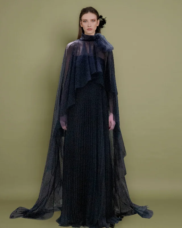 hand-stitched midi dress-Ruffled Cape with Pleated Dress