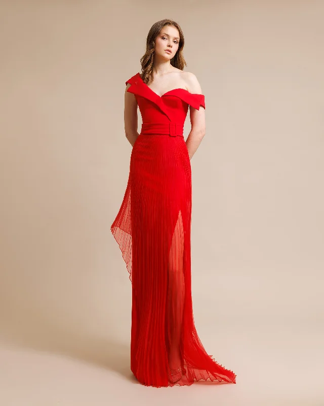 open back dress-Slightly Off Shoulders Red Dress