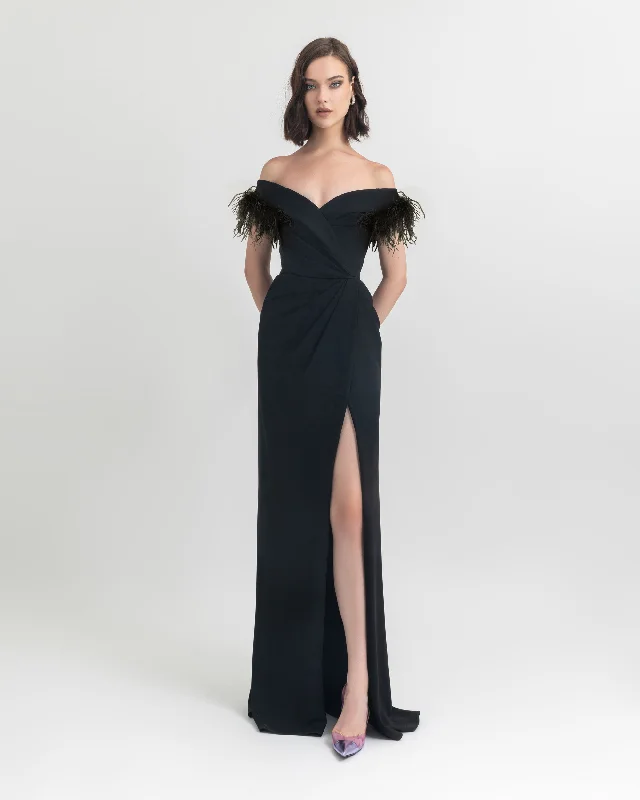 faux leather dress-Slim Cut Dress With Feathers