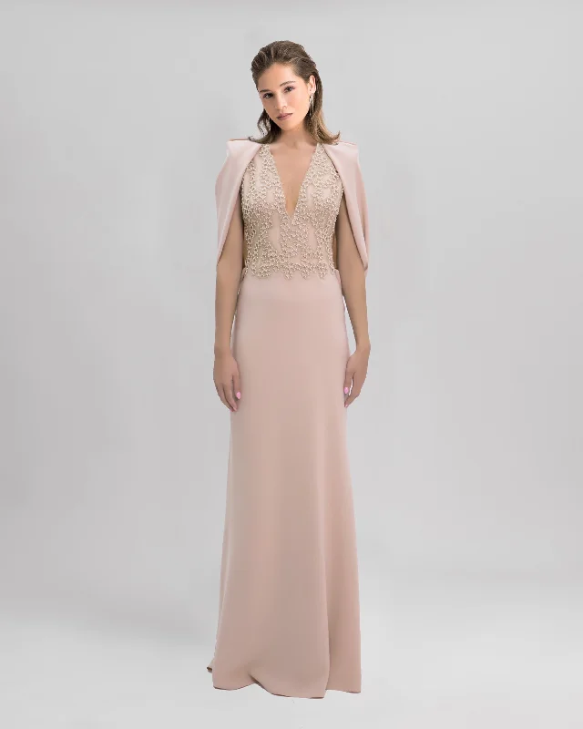 casual prom dress-Slim-Cut Nude Dress With Cape Like Sleeves