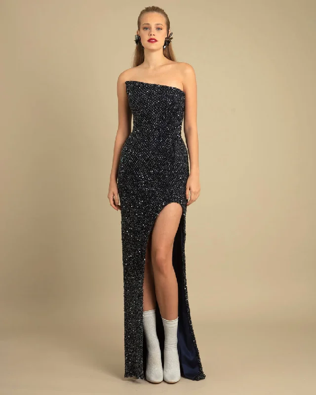 bronze metallic dress-Strapless Beaded Navy Dress