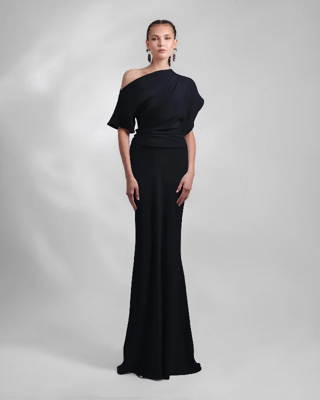 platinum prom dress-Asymmetrical Draped Black Dress