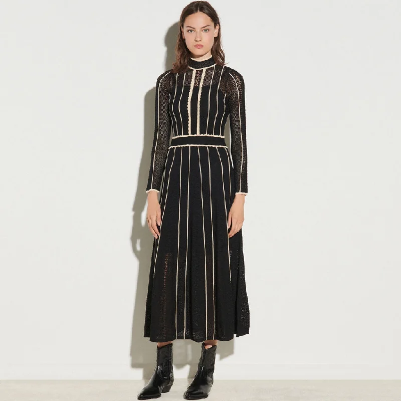 modern wrap dress-Flattering Stripe Long Sleeve High Neck Knit Pointelle Midi Dress - Black