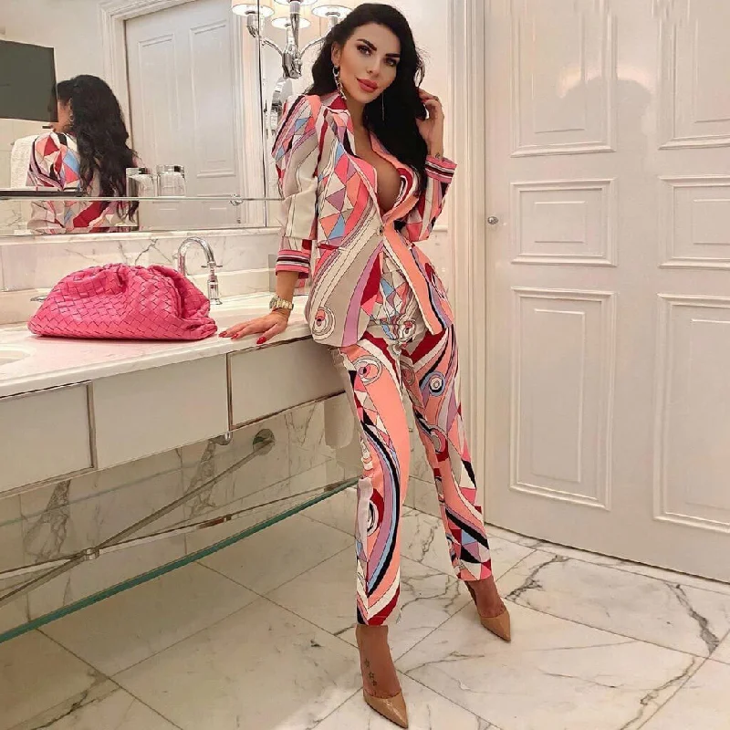 mock neck prom dress-Geometric Print Collared Long Sleeve Blazer Matching Set - Pink