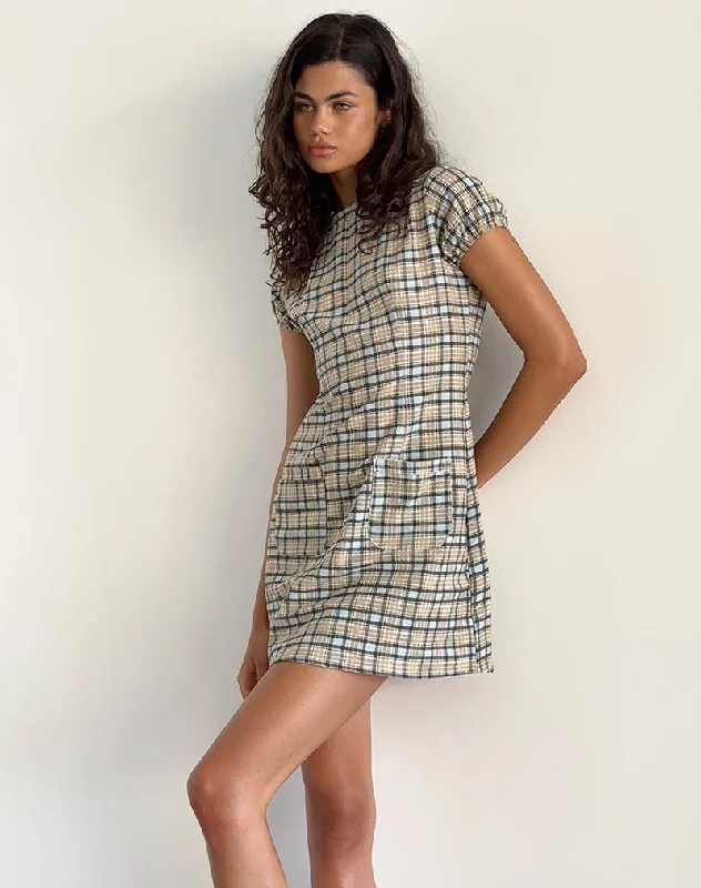 flared mini dress-Gingka Mini Dress in Pastel Blue Tartan