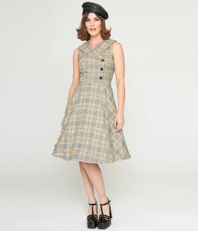 salmon pink sundress-1950s Grey Plaid Swing Dress