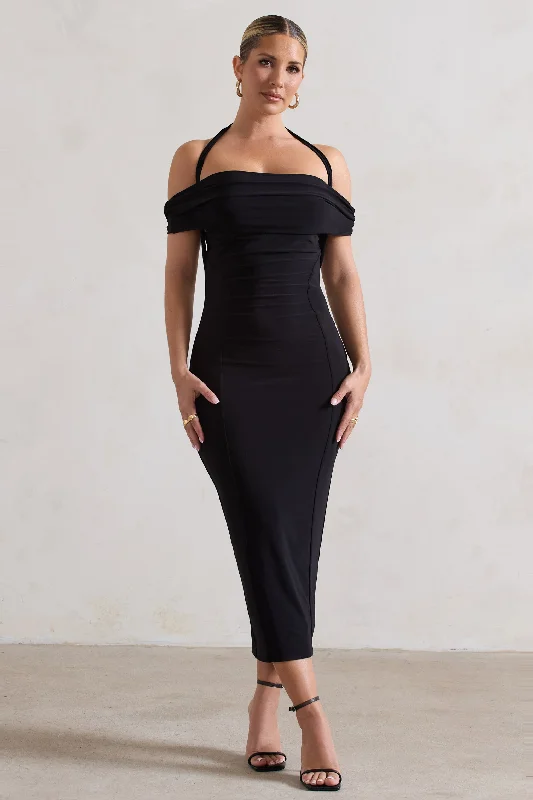 chevron cocktail dress-Gwen | Black Bardot Halter-Neck Midi Dress