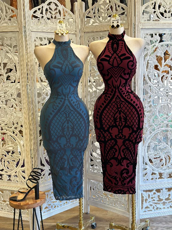 fishtail cocktail dress-Halter Neck Velvet Pattern Dress- Estira, Stretchy