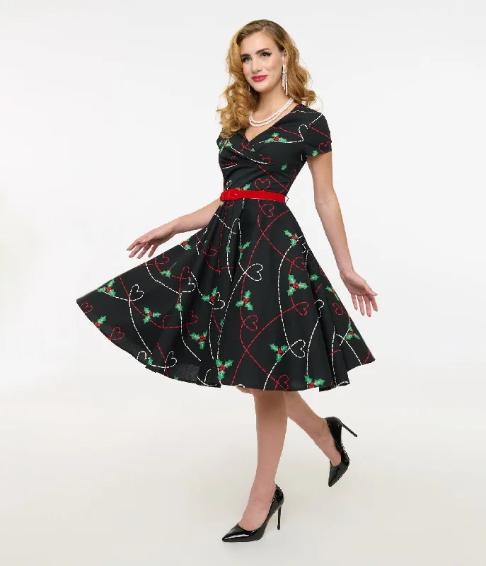 violet shimmer dress-Hell Bunny 1950s Festive Hearts & Holly Print Angelica Swing Dress