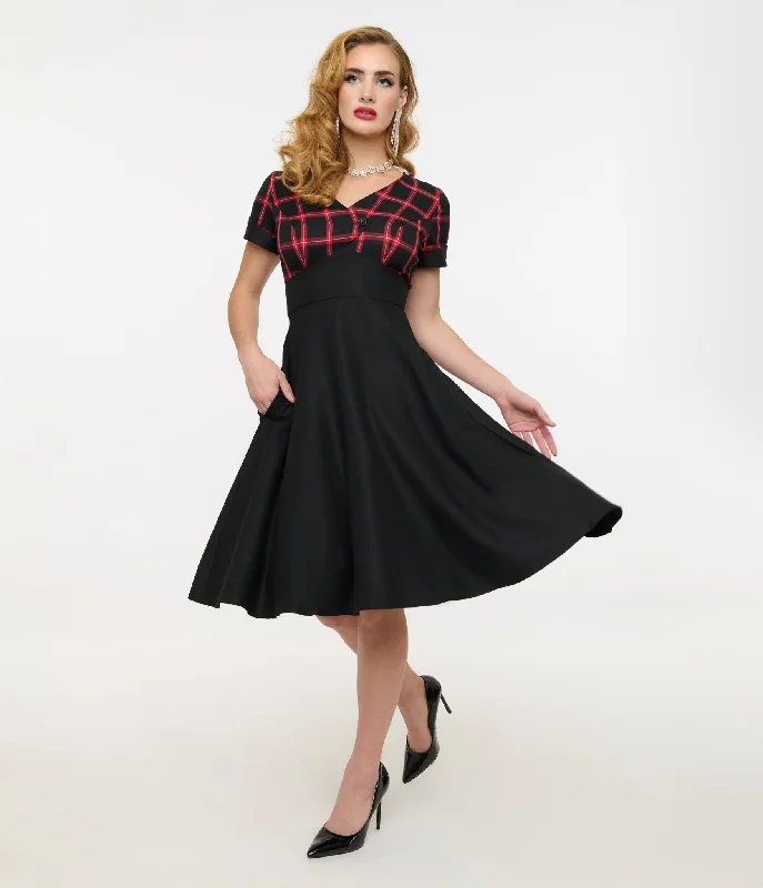 bronze metallic dress-Hell Bunny 1950s Red & Black Tartan Janine Swing Dress